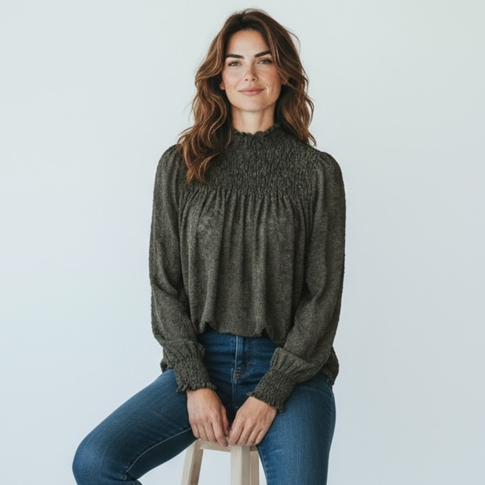 ANTHROPOLOGY - DELETTA‎ - SIZE XS -SHEER SMOCKED LOOSE KNIT TOP - A-LINE CUT B22